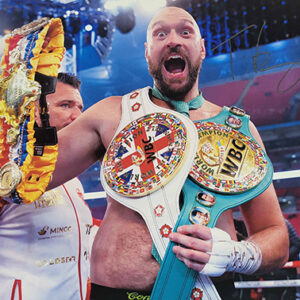 Tyson Fury with belts signed 16x12 photo
