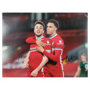 Double Signed Diogo Jota and Trent Alexander-Arnold A3 photo, signed by both players. A beautiful item to add to your collection of two Liverpool FC fan favourites.