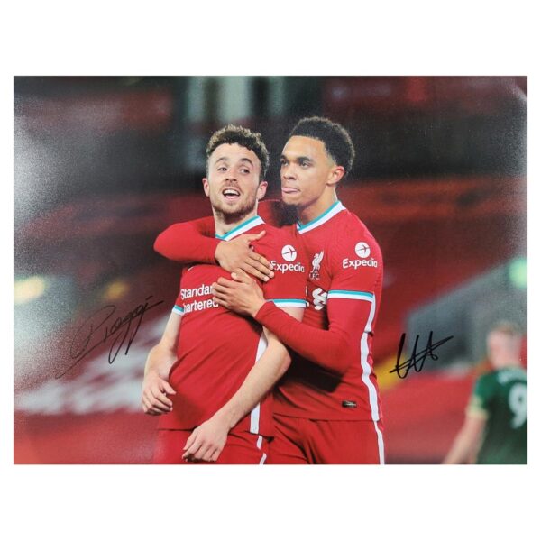 Double Signed Diogo Jota and Trent Alexander-Arnold A3 photo, signed by both players. A beautiful item to add to your collection of two Liverpool FC fan favourites.